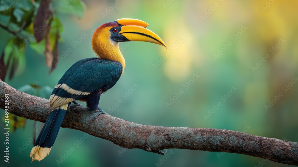 Obraz premium Colorful Hornbill Bird Perched on Branch in Tropical Rainforest