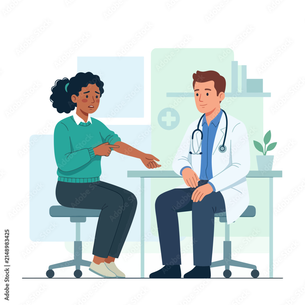 Fototapeta premium Doctor Consults Patient Showing Skin Condition in Medical Office