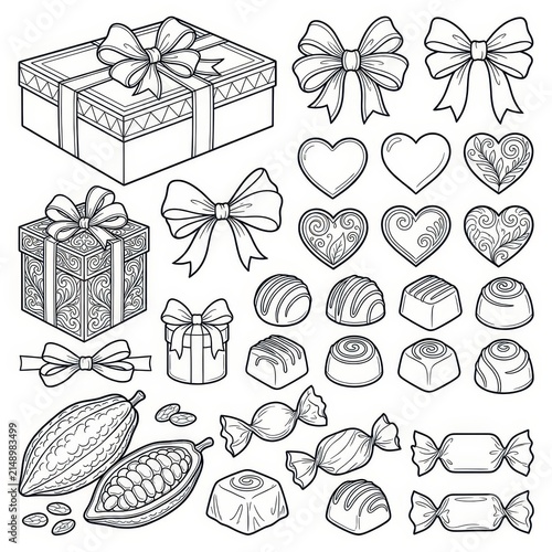 Chocolate box gift wrapping and sweets line art