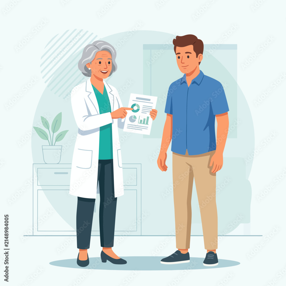 Fototapeta premium Doctor explains medical results to patient in clinic office, vector illustration.