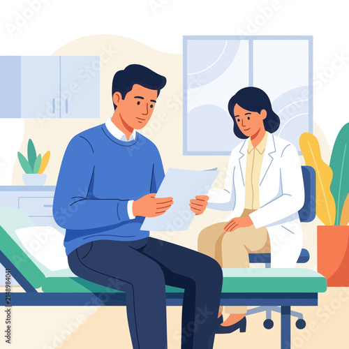 Doctor Consulting Patient in Clinic, Discussing Medical Results, Modern Flat Illustration Style