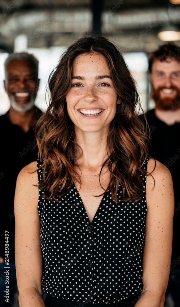 Obraz premium Smiling Young Woman with Brown Hair in Casual Setting