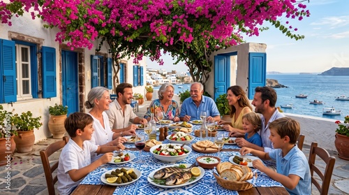 Multigenerational family sharing seaside meal on tiled terrace beneath bougainvillea, laughing around table of Mediterranean dishes with boats and ocean beyond.