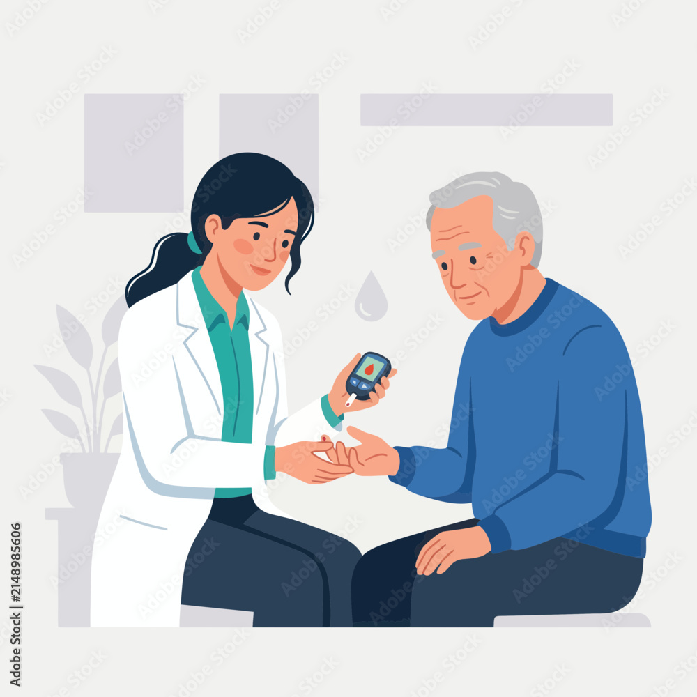 Fototapeta premium Doctor performing blood glucose test on elderly patient, vector illustration of diabetes care and medical check-up.