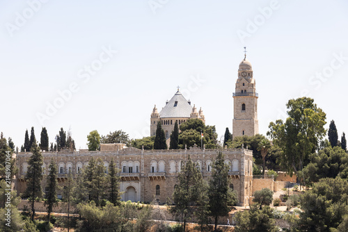 View from observation deck near Montefiore Windmill of Dormition Abbey Hagia Maria and tomb of King David in Jerusalem Old City in Israel