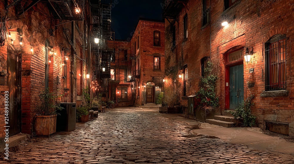 Fototapeta premium Illuminated cobblestone street in Savannah, Georgia at night with historic buildings.
