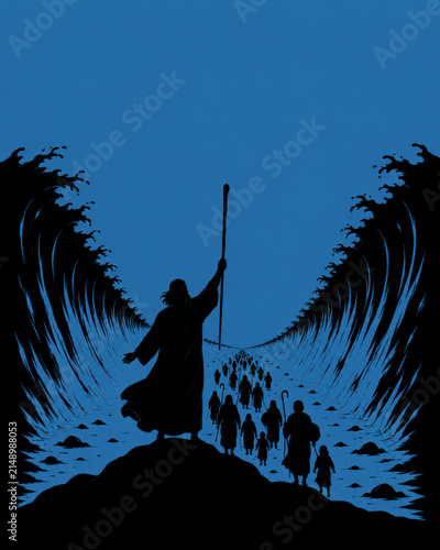 Biblical Stories in Silhouette – Moses Parting the Red Sea Minimalist Black Silhouette on Deep Blue Background
