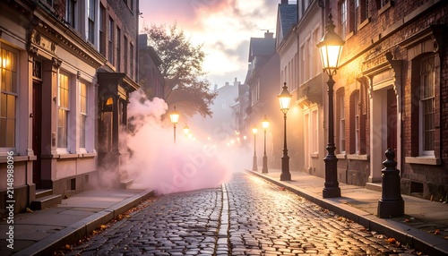 Atmospheric European Cobblestone Street with Ethereal Pink Smoke and Warm Lantern Light.