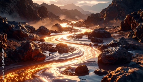 Dramatic Glowing River Winding Through Rocky Volcanic Terrain at Sunset.