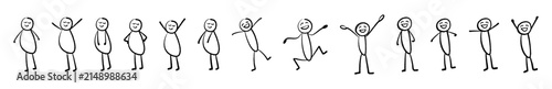 hand drawn stick figure happy pose. joy. facial expression.