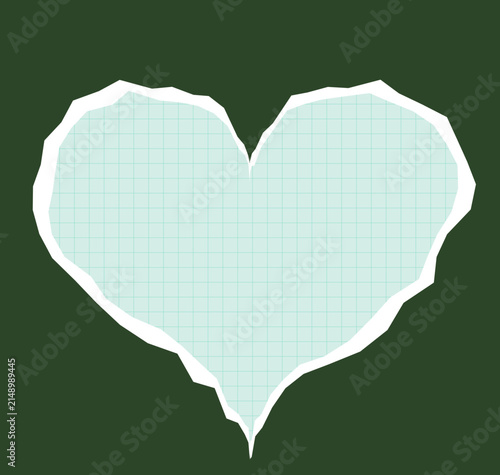 Torn paper heart with grid texture on dark green background creative love icon for romantic design scrapbook project craft
