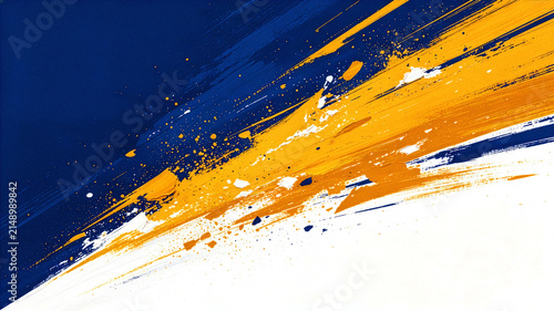 An abstract dynamic sports graphic background featuring broad diagonal paint strokes and splatter textures in royal blue, vibrant yellow, and crisp white.