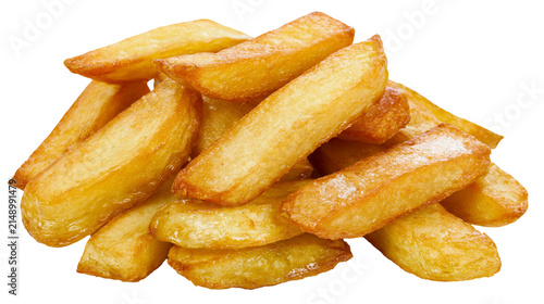 Fotografía Golden crispy french fries pile, thick cut potato wedges