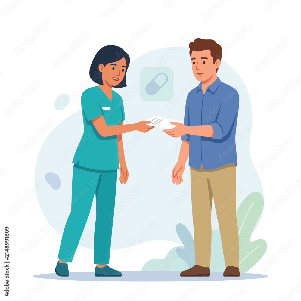 Fototapeta premium Nurse Giving Prescription to Patient, Medical Consultation and Healthcare Services