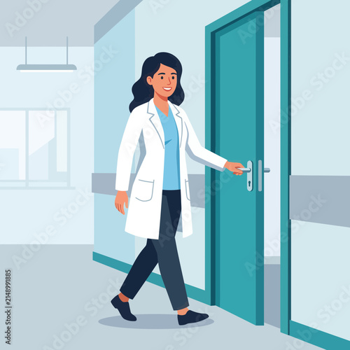 Smiling female doctor in white coat opens door in hospital corridor, modern flat illustration