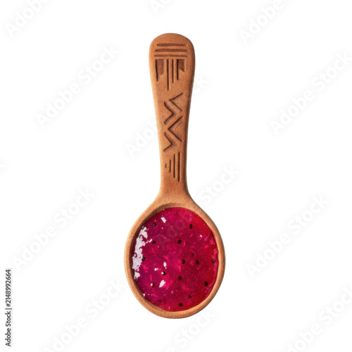 Wooden Spoon Filled with Fresh Red Dragon Fruit Puree