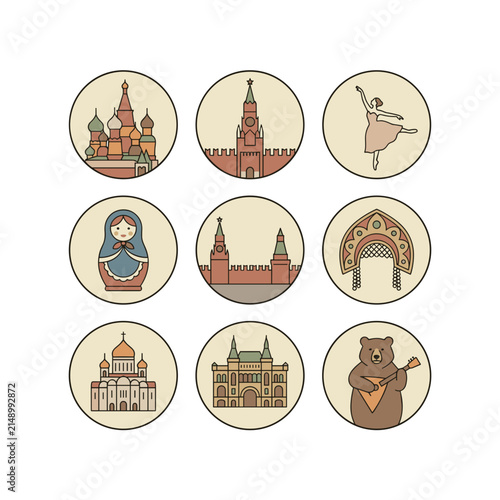 Bild auf Leinwand Set of 9 flat design icons featuring Russian landmarks, matryoshka doll, ballet
