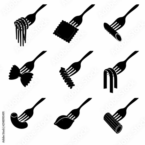 Black silhouette icon set of nine different types of Italian pasta varieties on forks including spaghetti, ravioli, penne, farfalle, fusilli, linguine, macaroni, shells, and rigatoni.
