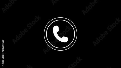 Glowing phone call icon animation with ringing telephone symbol inside circular outline on black background 4k motion graphics.