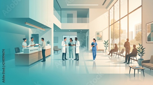 Team of Doctors and Nurses Discussing in Modern Hospital Lobby Interior Vector Illustration, Healthcare Concept