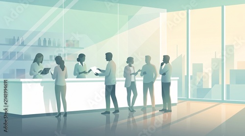 People and Medical Staff Discussing at Clinic Reception Desk Vector Illustration, Hospital Service Concept