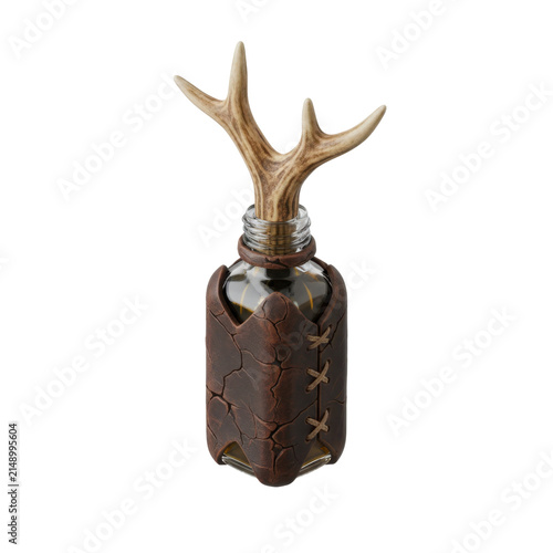 Small Glass Bottle with Leather Cover and Antler Stopper