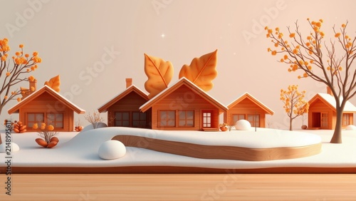 Cozy village scene. Orange homes nestled within snowy landscape. Autumn leaves, warm tones, simplistic design. Peaceful winter setting.