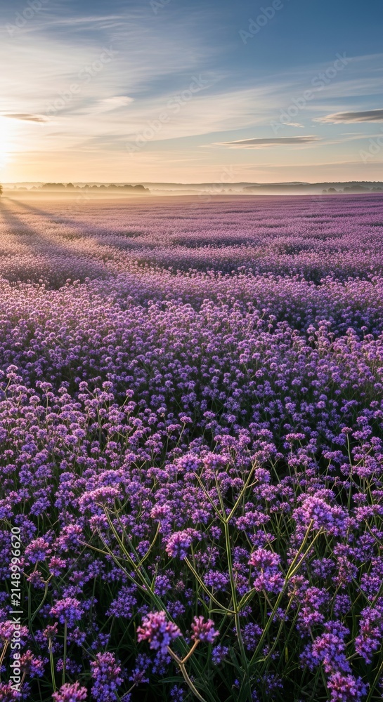 Fototapeta premium Vast Lavender Field Under Golden Sunset Sky with Sun Rays.