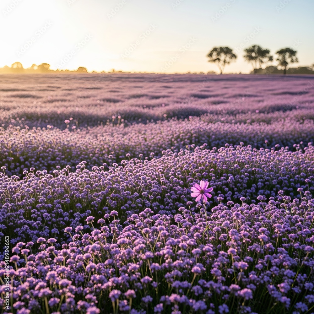 Fototapeta premium Vast Field of Purple Flowers Under a Golden Sunset Sky.