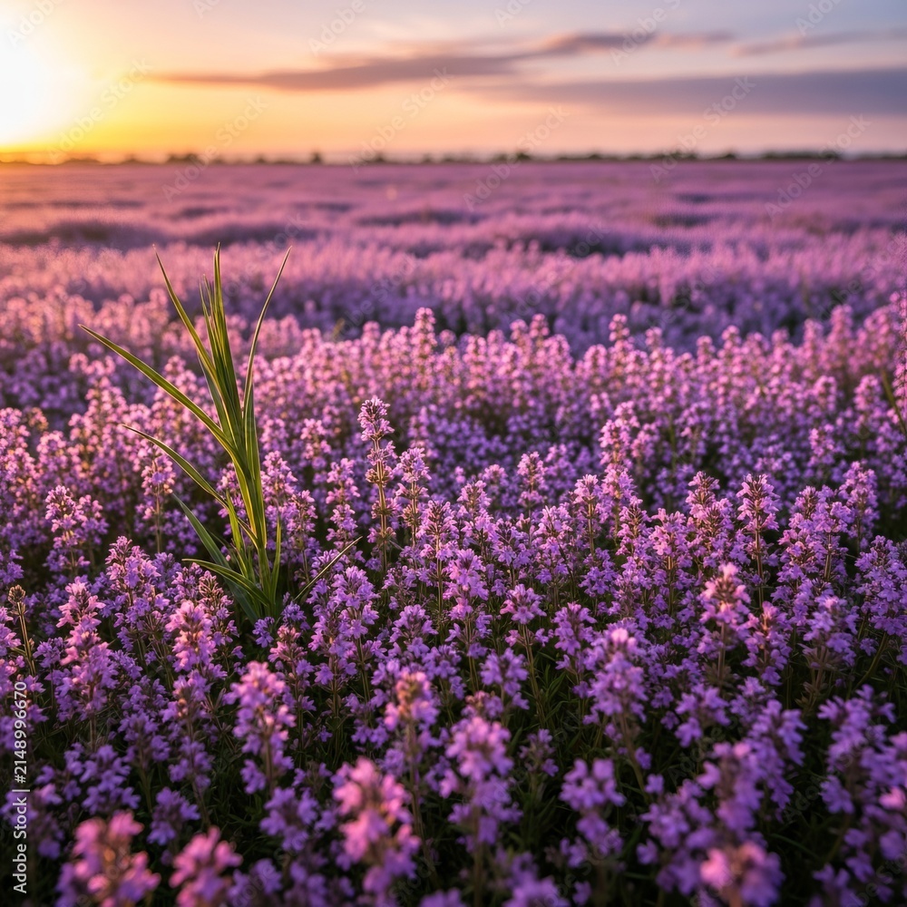 Obraz premium Vast Lavender Field at Sunset with Golden Hour Light.