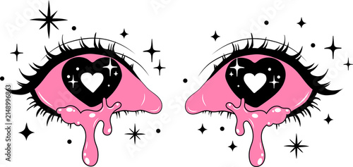 Kawaii Heart Eyes with Pink Dripping Tears