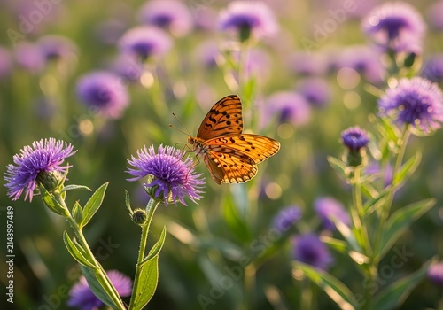 Beautiful Orange Butterfly Perched on Purple Wildflower in Sunlight.