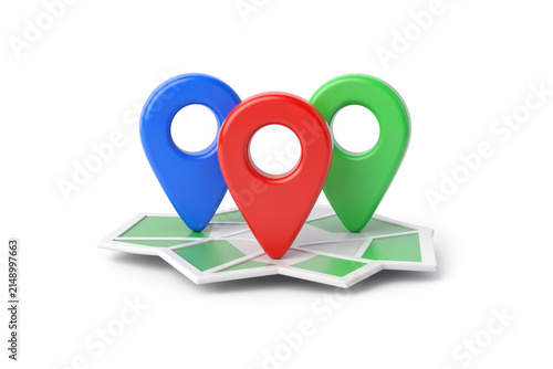 Three Map Location Pins Red Blue and Green Clustered Together