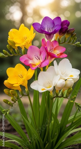 Vibrant Bouquet of Freesia Flowers in Full Bloom Outdoors.