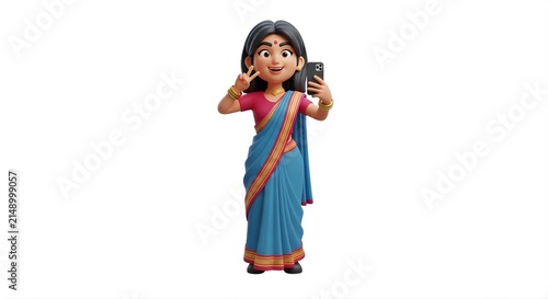 Happy 3D Indian Woman in Saree Taking Selfie with Peace Sign