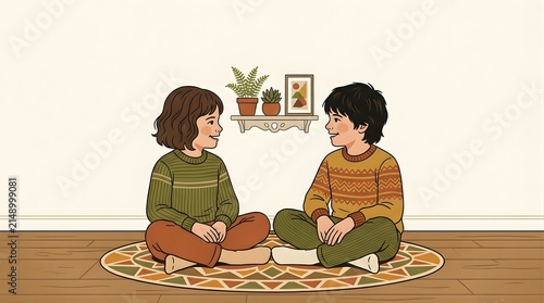 Happy Children Conversing on a Patterned Rug