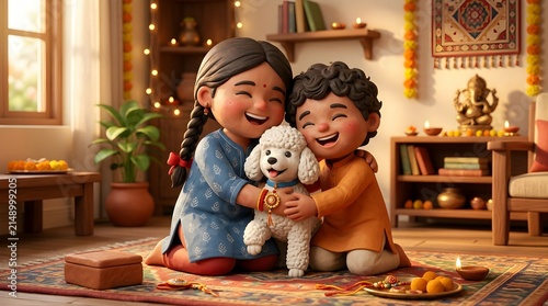 Joyful Indian Siblings Hugging Pet Dog During Festive Celebration