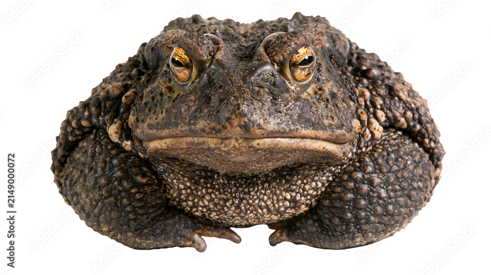 Foto Common toad with bumpy brown skin and golden eyes