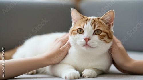 Cute domestic short-haired cat with orange and white fur lying on a sofa and receiving gentle head pats from a person in a cozy home setting