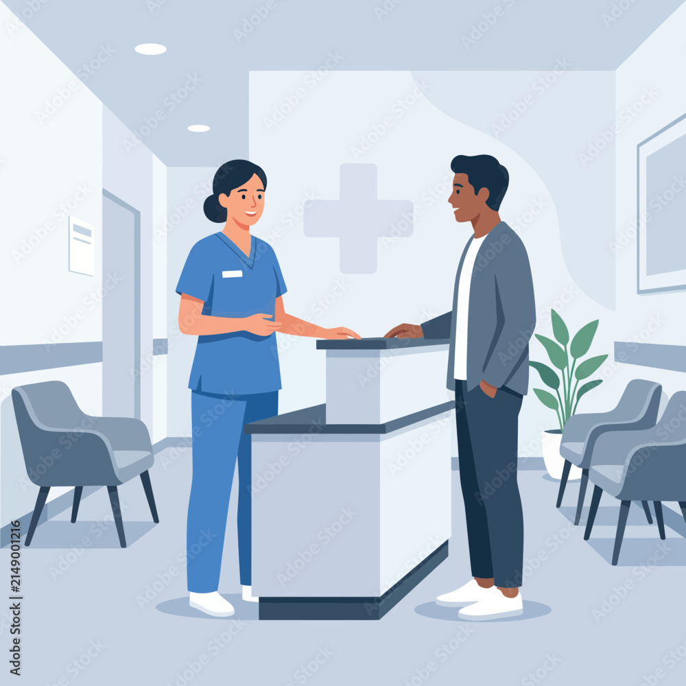 Obraz premium Nurse interacting with patient at hospital reception desk, flat design, modern healthcare concept