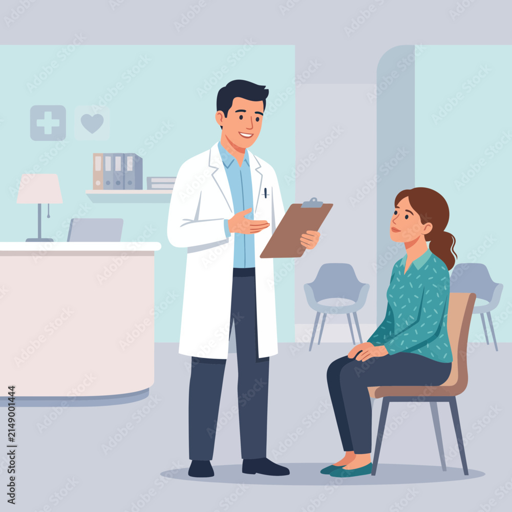 Fototapeta premium Doctor consulting patient in clinic waiting room, flat design vector illustration
