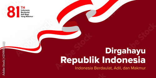 Indonesian flag ribbon waves elegantly across a deep red background to celebrate the eighty-first anniversary of the nation's independence.