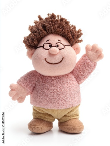 Cute Plush Boy Doll Wearing Glasses And Pink Sweater Waving Hand Isolated On White Background