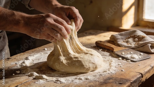 Baker kneading dough by hand on floured rustic wooden surface