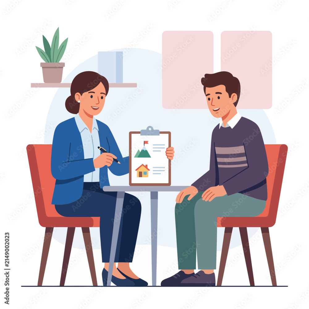 Obraz premium Business meeting between colleagues discussing project plans, home and goals in a flat vector illustration.