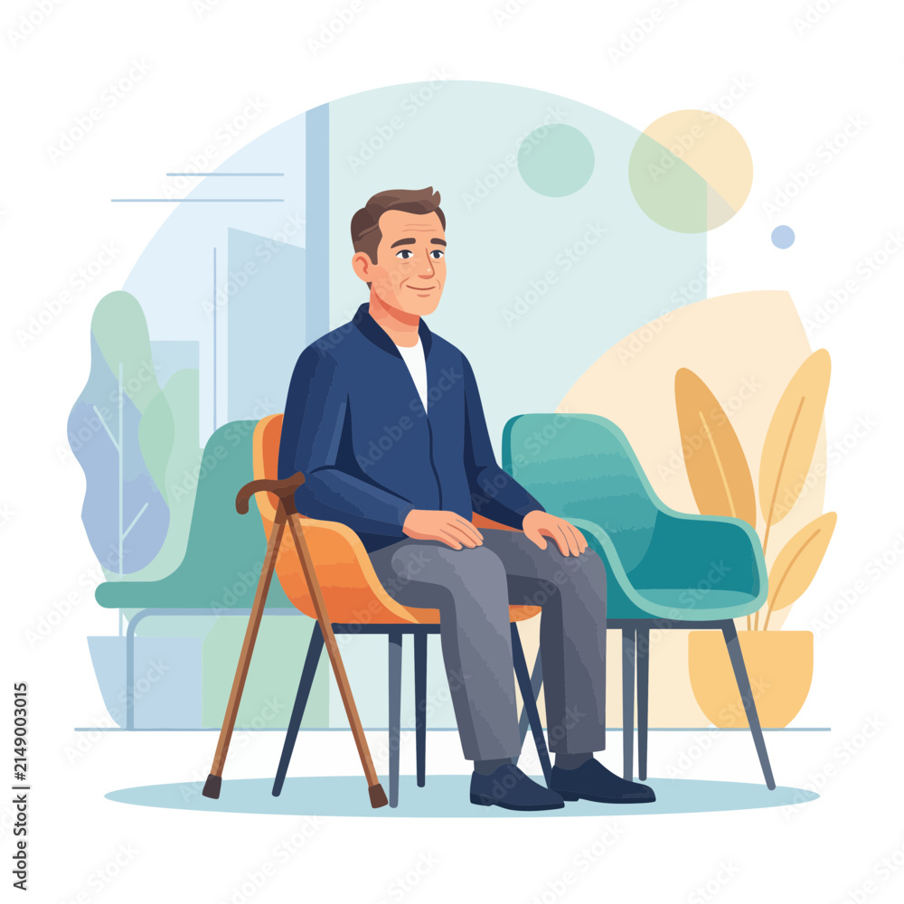 Fototapeta premium Man with Cane Sitting in Waiting Room