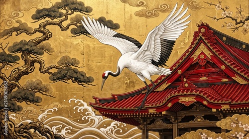 White crane landing on ornate red temple roof against gold background with stylized clouds pine tree silhouettes and traditional japanese decorative motifs