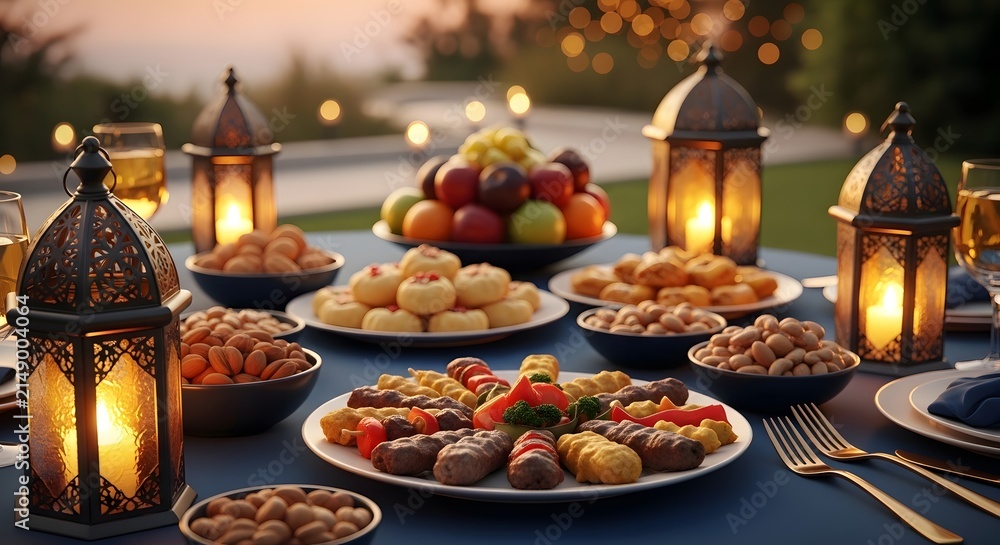 Fototapeta premium Traditional iftar dinner table setting with dates fruits and glowing lanterns for Ramadan celebration at sunset