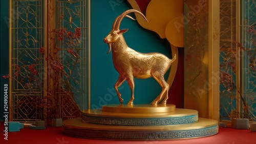 Zodiac sign horned mountain decorative golden ram, goat statue set against a traditional Chinese interior style background. Feng Shui symbols for wealth or the Chinese Zodiac