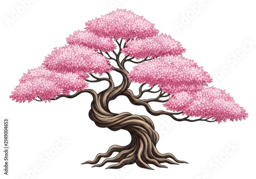 Pink flowering bonsai tree in vase